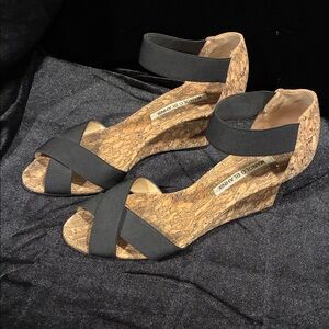 Manolo Blahnik Black Cork Wedge Sandals with Cross Straps and Ankle Band